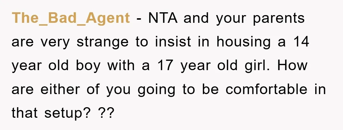 The_Bad_Agent − NTA and your parents are very strange to insist in housing a 14 year old boy with a 17 year old girl. How are either of you going...