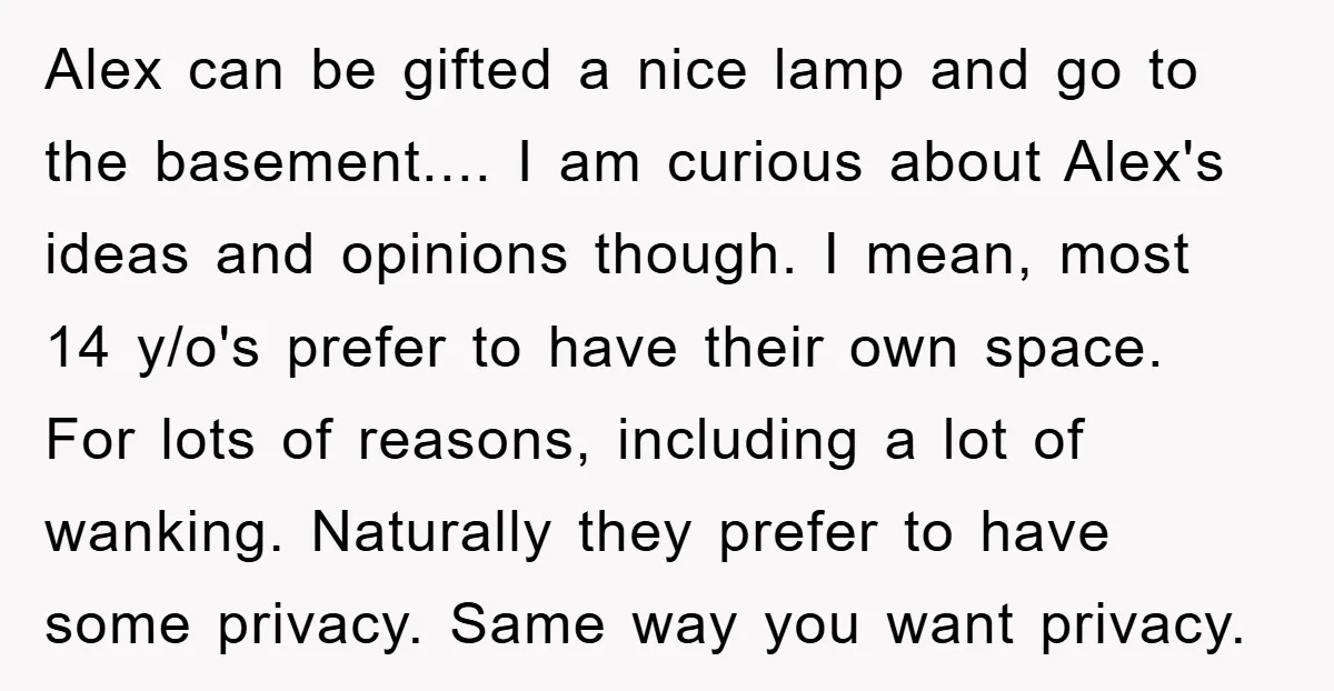 Alex can be gifted a nice lamp and go to the basement.... I am curious about Alex's ideas and opinions though. I mean, most 14 y/o's prefer to have their...