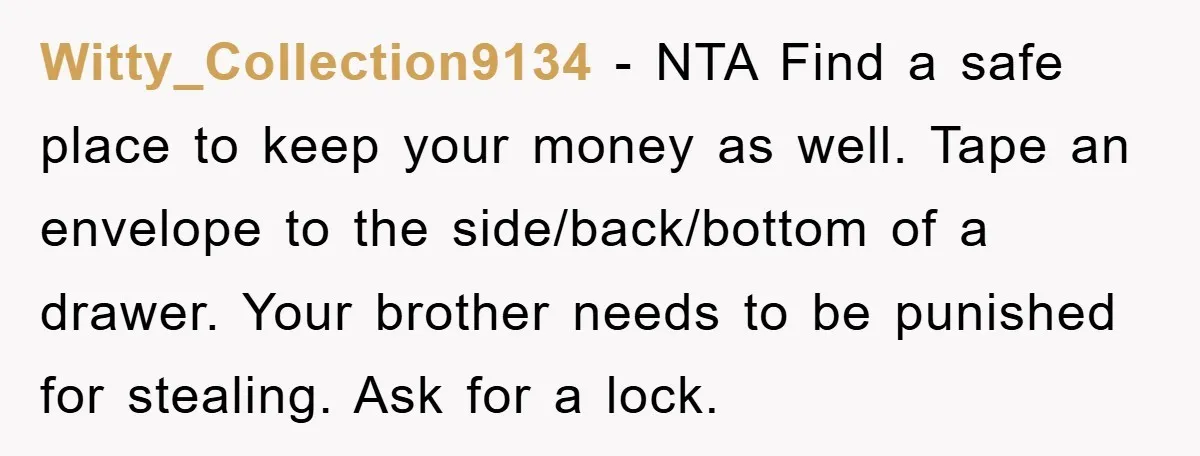 Witty_Collection9134 − NTA Find a safe place to keep your money as well. Tape an envelope to the side/back/bottom of a drawer. Your brother needs to be punished for stealing....