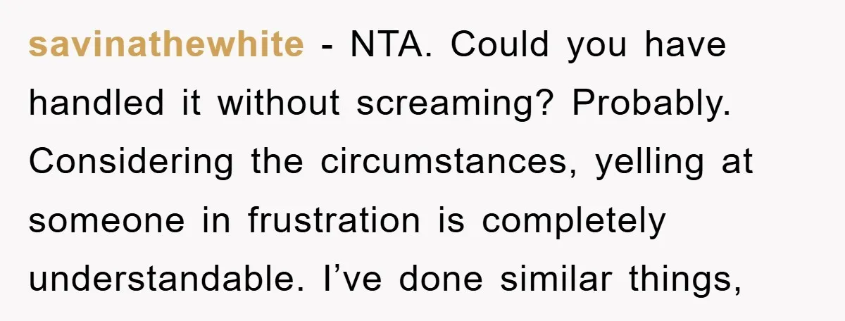 savinathewhite − NTA. Could you have handled it without screaming? Probably. Considering the circumstances, yelling at someone in frustration is completely understandable. I’ve done similar things,
