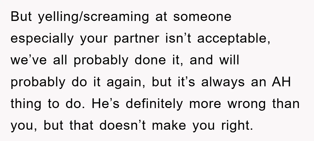 But yelling/screaming at someone especially your partner isn’t acceptable, we’ve all probably done it, and will probably do it again, but it’s always an AH thing to do. He’s definitely...