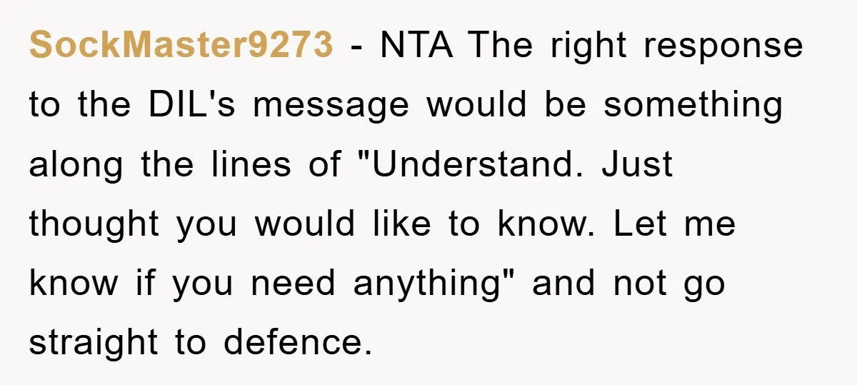 SockMaster9273 − NTA The right response to the DIL's message would be something along the lines of "Understand. Just thought you would like to know. Let me know if you...
