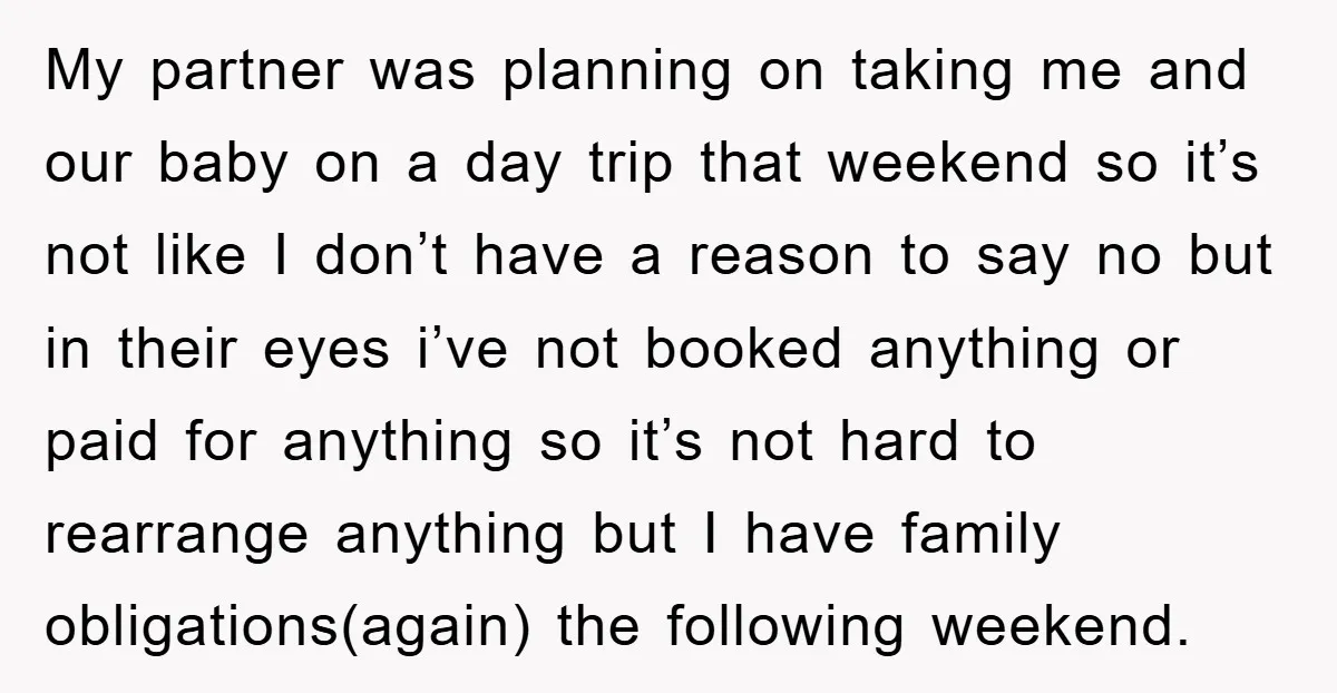 My partner was planning on taking me and our baby on a day trip that weekend so it’s not like I don’t have a reason to say no but in...