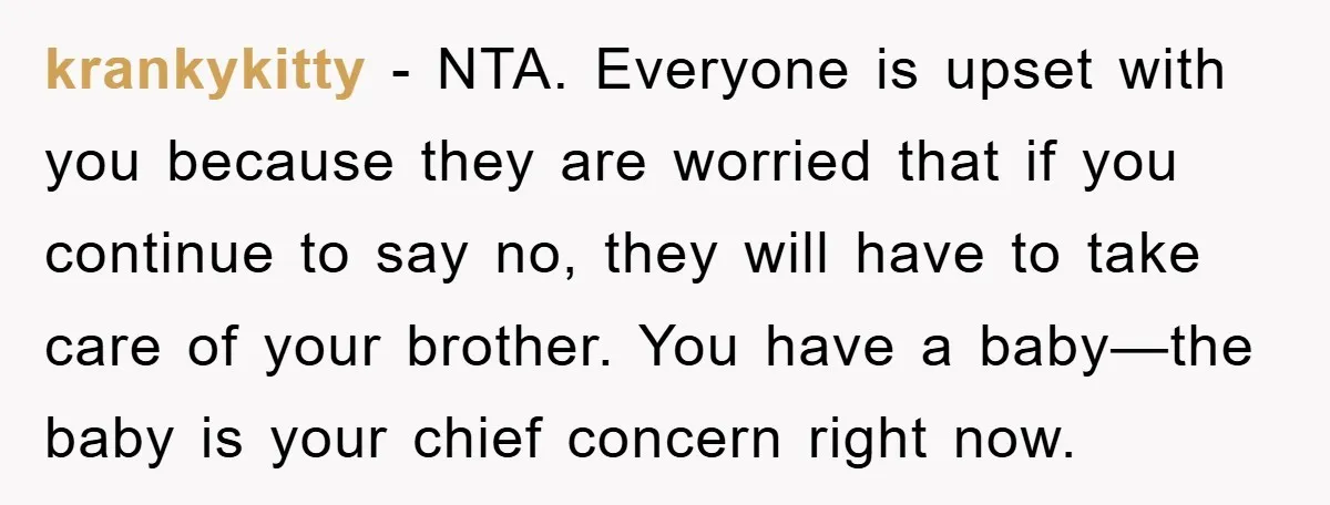 krankykitty − NTA. Everyone is upset with you because they are worried that if you continue to say no, they will have to take care of your brother. You have...