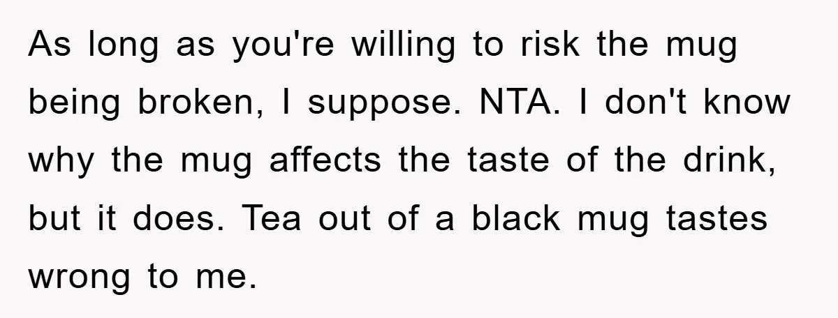 As long as you're willing to risk the mug being broken, I suppose. NTA. I don't know why the mug affects the taste of the drink, but it does. Tea...