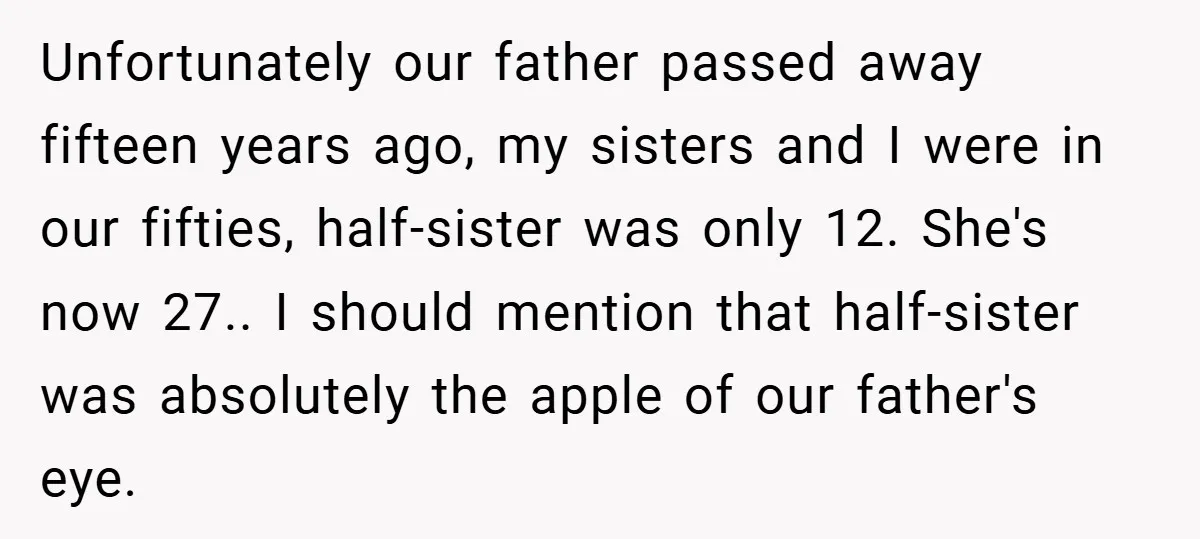 Unfortunately our father passed away fifteen years ago, my sisters and I were in our fifties, half-sister was only 12. She's now 27.. I should mention that half-sister was absolutely...