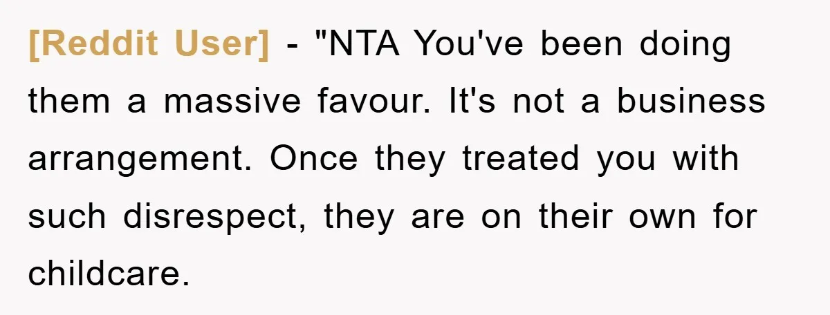 [Reddit User] − "NTA You've been doing them a massive favour. It's not a business arrangement. Once they treated you with such disrespect, they are on their own for childcare.