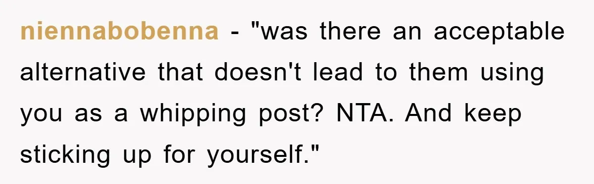 niennabobenna − "was there an acceptable alternative that doesn't lead to them using you as a whipping post? NTA. And keep sticking up for yourself."