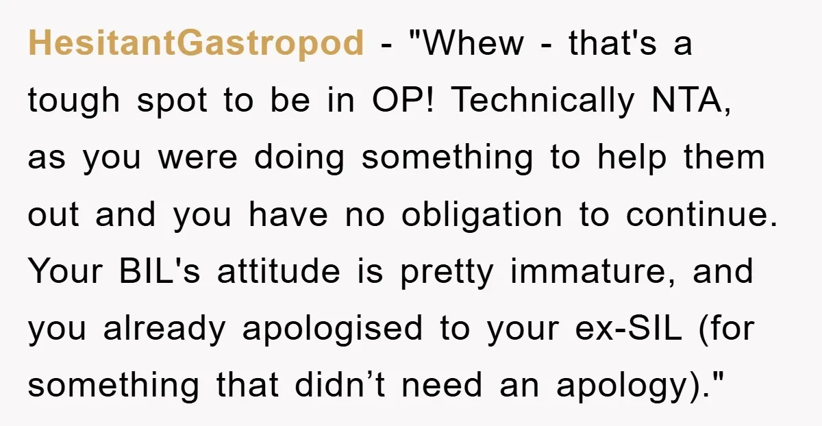 HesitantGastropod − "Whew - that's a tough spot to be in OP! Technically NTA, as you were doing something to help them out and you have no obligation to continue....
