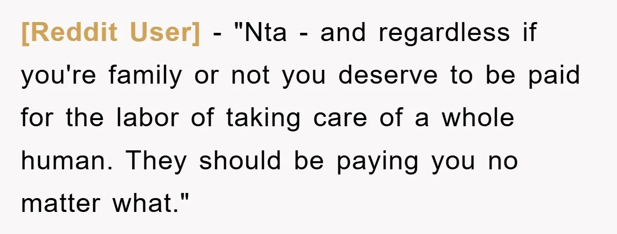 [Reddit User] − "Nta - and regardless if you're family or not you deserve to be paid for the labor of taking care of a whole human. They should be...
