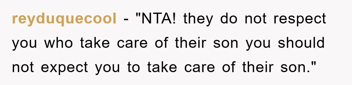 reyduquecool − "NTA! they do not respect you who take care of their son you should not expect you to take care of their son."