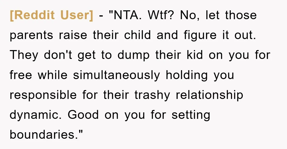 [Reddit User] − "NTA. Wtf? No, let those parents raise their child and figure it out. They don't get to dump their kid on you for free while simultaneously holding...