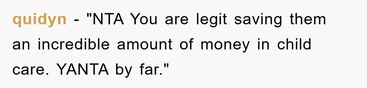 quidyn − "NTA You are legit saving them an incredible amount of money in child care. YANTA by far."