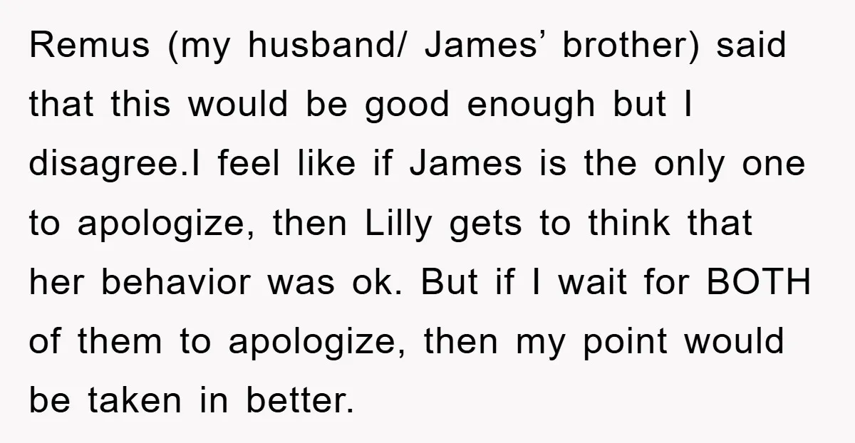 Remus (my husband/ James’ brother) said that this would be good enough but I disagree.I feel like if James is the only one to apologize, then Lilly gets to think...