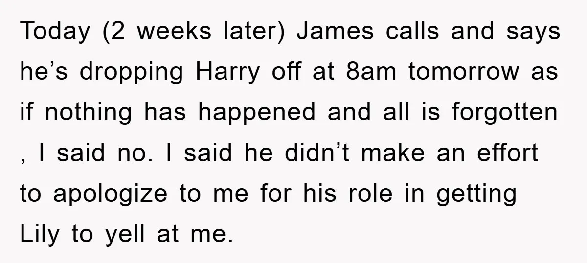 Today (2 weeks later) James calls and says he’s dropping Harry off at 8am tomorrow as if nothing has happened and all is forgotten , I said no. I said...