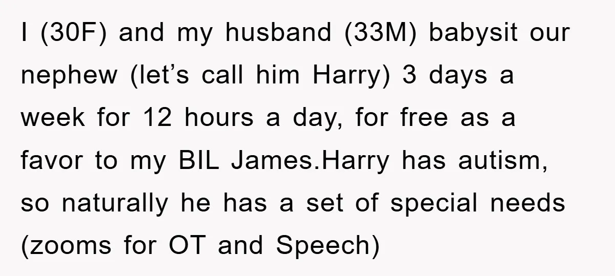 I (30F) and my husband (33M) babysit our nephew (let’s call him Harry) 3 days a week for 12 hours a day, for free as a favor to my BIL...