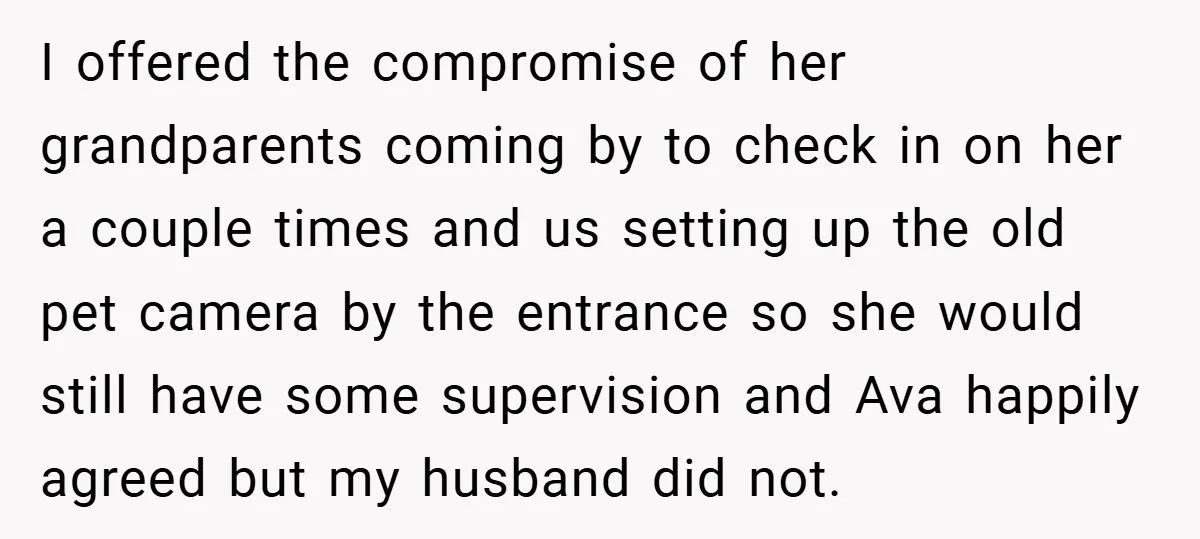 I offered the compromise of her grandparents coming by to check in on her a couple times and us setting up the old pet camera by the entrance so she...