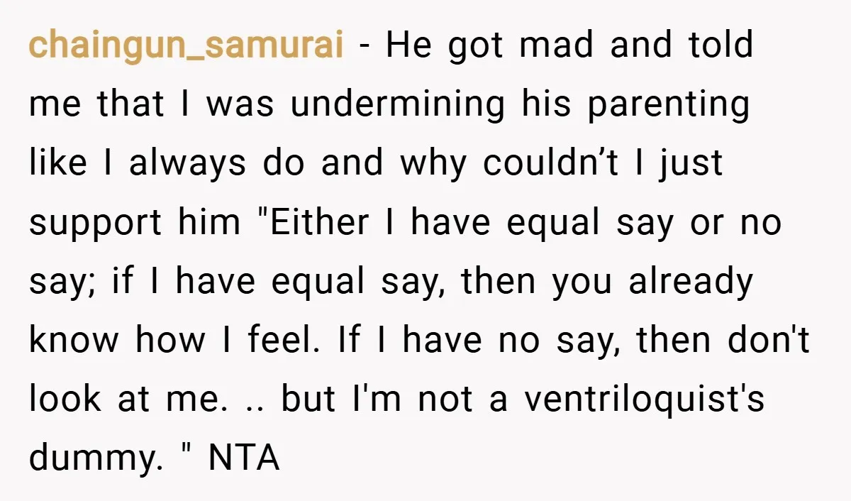 chaingun_samurai − He got mad and told me that I was undermining his parenting like I always do and why couldn’t I just support him "Either I have equal say...