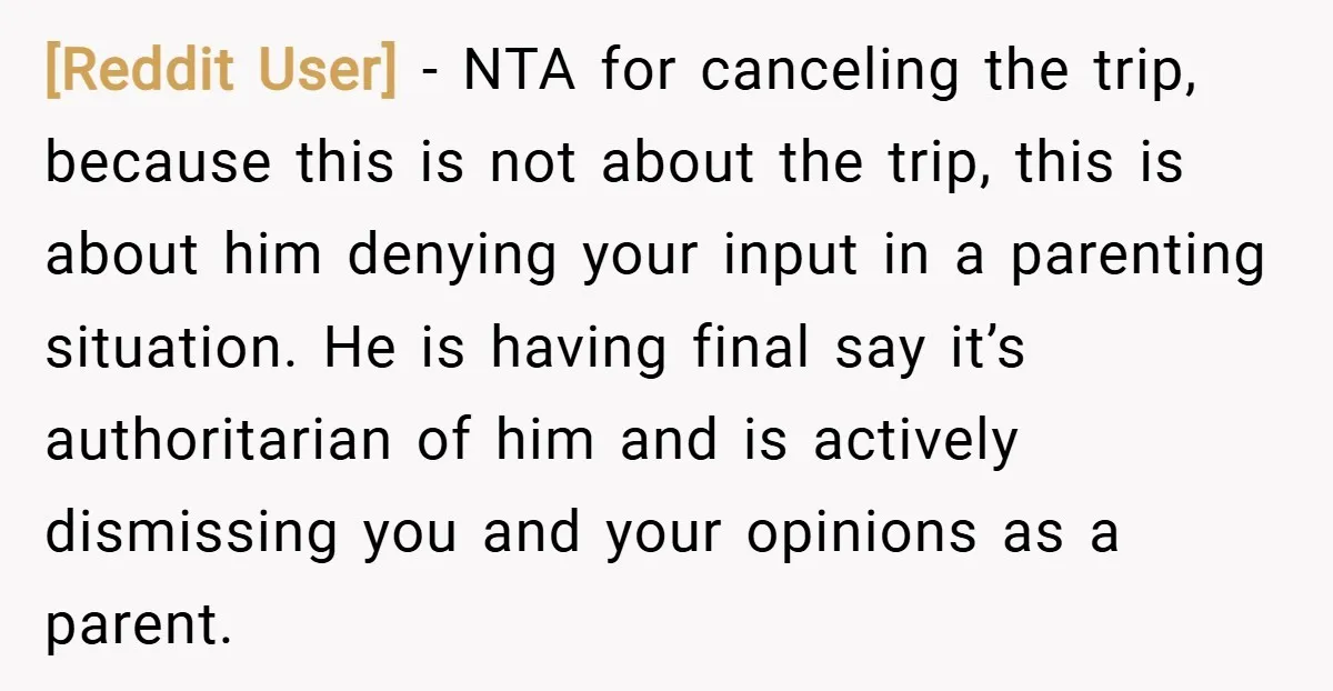 [Reddit User] − NTA for canceling the trip, because this is not about the trip, this is about him denying your input in a parenting situation. He is having final...