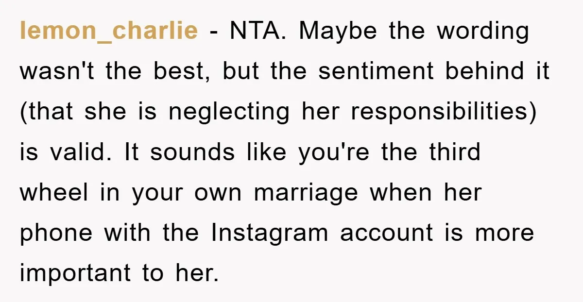 lemon_charlie − NTA. Maybe the wording wasn't the best, but the sentiment behind it (that she is neglecting her responsibilities) is valid. It sounds like you're the third wheel in...