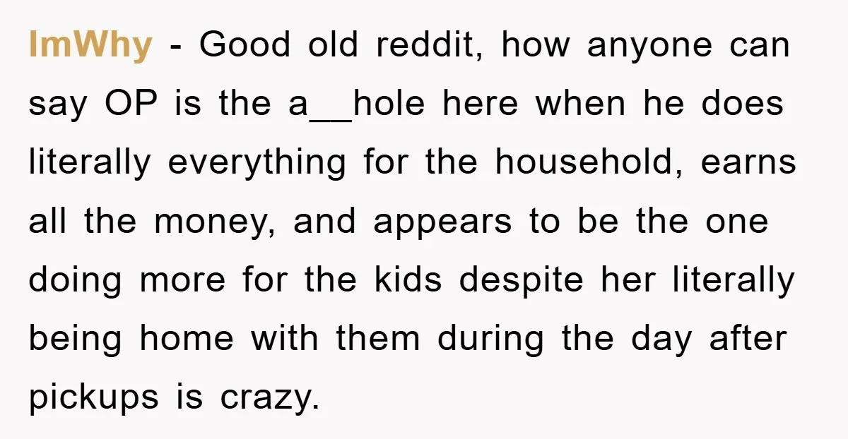 ImWhy − Good old reddit, how anyone can say OP is the a__hole here when he does literally everything for the household, earns all the money, and appears to be...