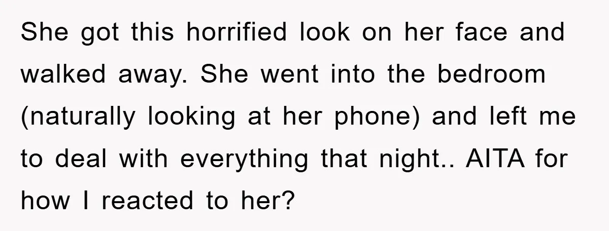 She got this horrified look on her face and walked away. She went into the bedroom (naturally looking at her phone) and left me to deal with everything that night.....