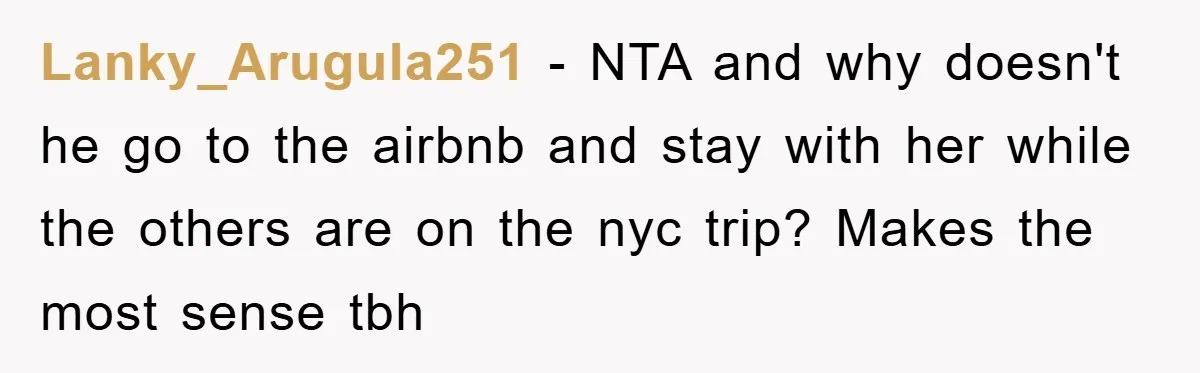 Lanky_Arugula251 − NTA and why doesn't he go to the airbnb and stay with her while the others are on the nyc trip? Makes the most sense tbh