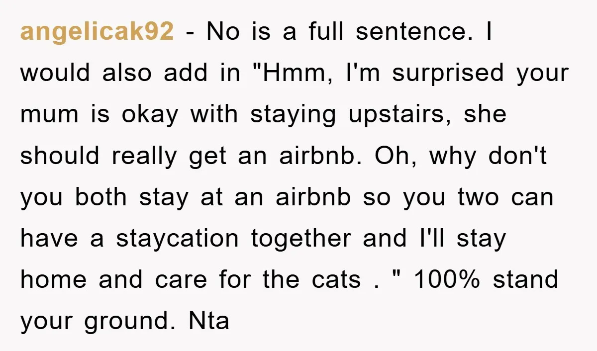 angelicak92 − No is a full sentence. I would also add in "Hmm, I'm surprised your mum is okay with staying upstairs, she should really get an airbnb. Oh, why...