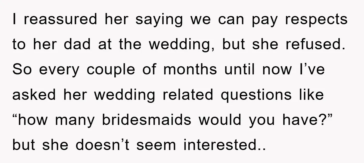 I reassured her saying we can pay respects to her dad at the wedding, but she refused. So every couple of months until now I’ve asked her wedding related questions...