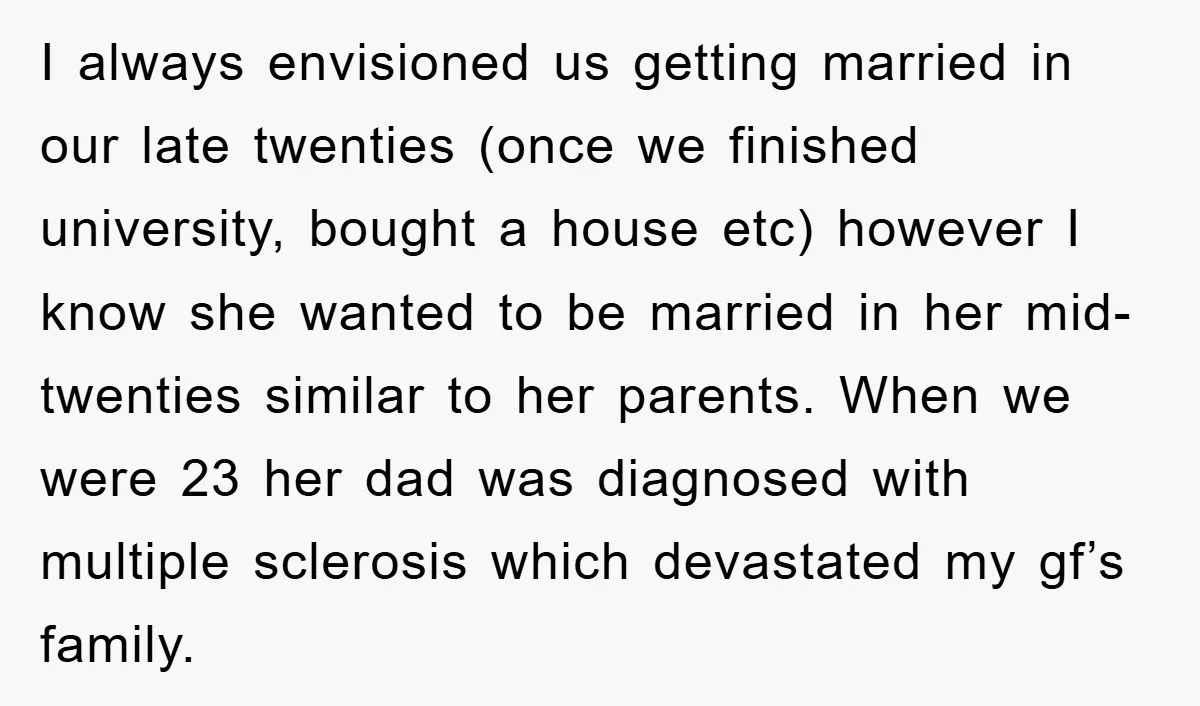 I always envisioned us getting married in our late twenties (once we finished university, bought a house etc) however I know she wanted to be married in her mid-twenties similar...