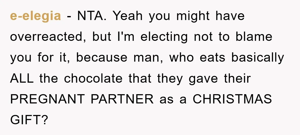 e-elegia − NTA. Yeah you might have overreacted, but I'm electing not to blame you for it, because man, who eats basically ALL the chocolate that they gave their PREGNANT...