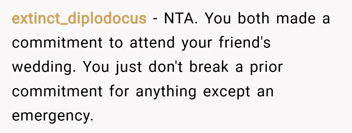 extinct_diplodocus − NTA. You both made a commitment to attend your friend's wedding. You just don't break a prior commitment for anything except an emergency.