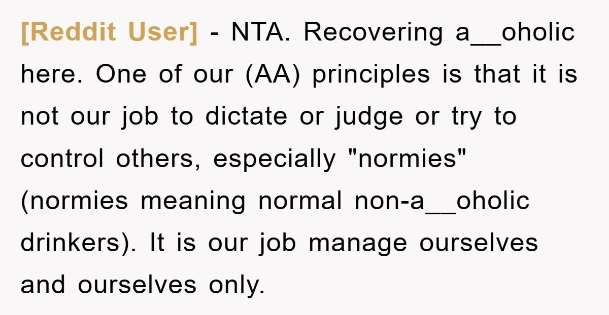 [Reddit User] − NTA. Recovering a__oholic here. One of our (AA) principles is that it is not our job to dictate or judge or try to control others, especially "normies"...