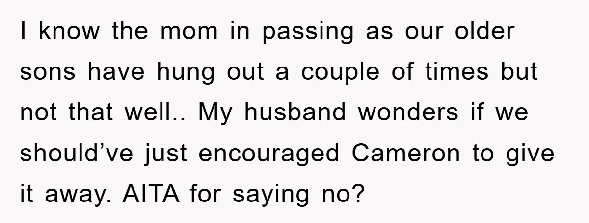I know the mom in passing as our older sons have hung out a couple of times but not that well.. My husband wonders if we should’ve just encouraged Cameron...
