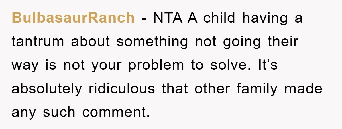 BulbasaurRanch − NTA A child having a tantrum about something not going their way is not your problem to solve. It’s absolutely ridiculous that other family made any such comment.