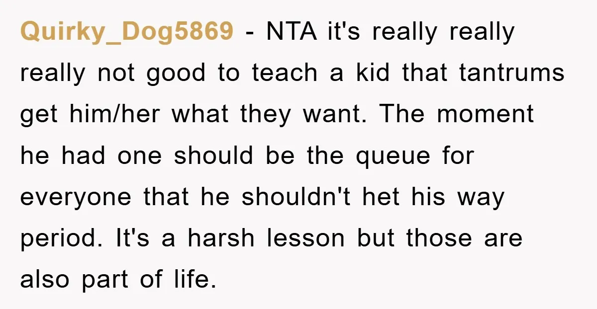 Quirky_Dog5869 − NTA it's really really really not good to teach a kid that tantrums get him/her what they want. The moment he had one should be the queue for...