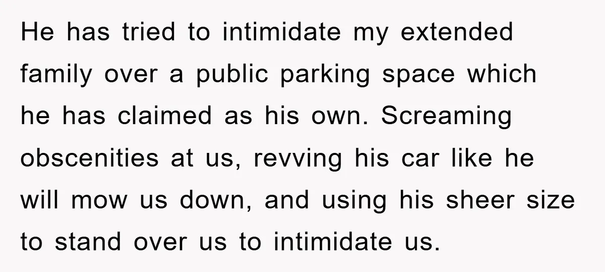 He has tried to intimidate my extended family over a public parking space which he has claimed as his own. Screaming obscenities at us, revving his car like he will...