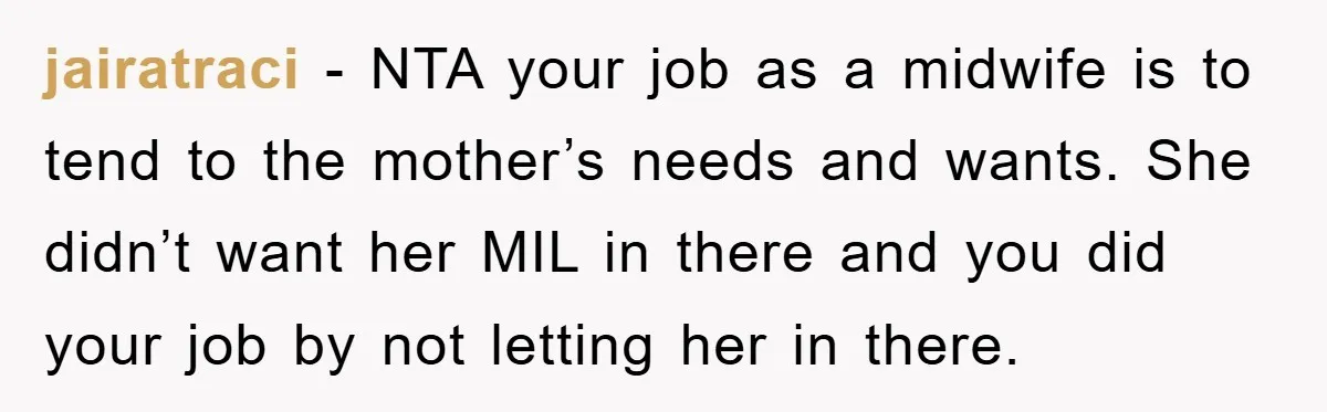 jairatraci − NTA your job as a midwife is to tend to the mother’s needs and wants. She didn’t want her MIL in there and you did your job by...