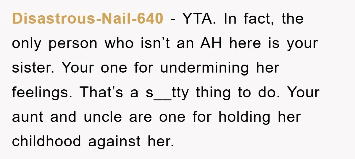 Disastrous-Nail-640 − YTA. In fact, the only person who isn’t an AH here is your sister. Your one for undermining her feelings. That’s a s__tty thing to do. Your aunt...