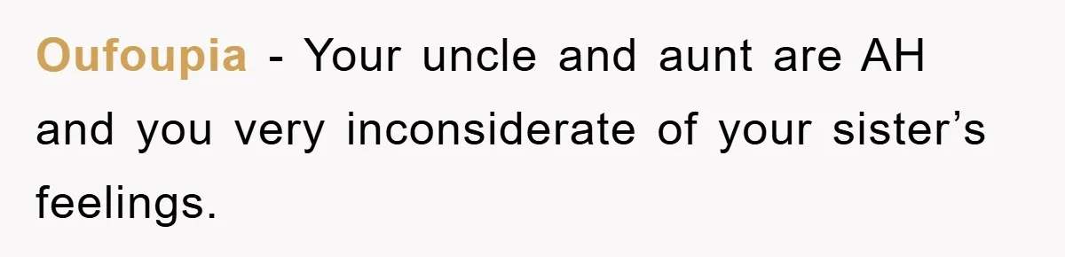 Oufoupia − Your uncle and aunt are AH and you very inconsiderate of your sister’s feelings.
