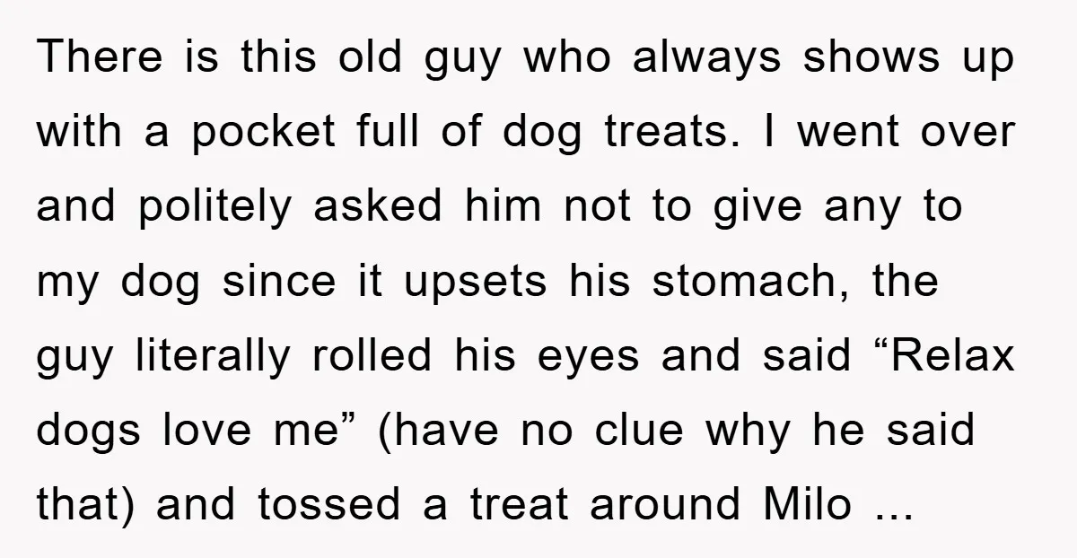 There is this old guy who always shows up with a pocket full of dog treats. I went over and politely asked him not to give any to my dog...