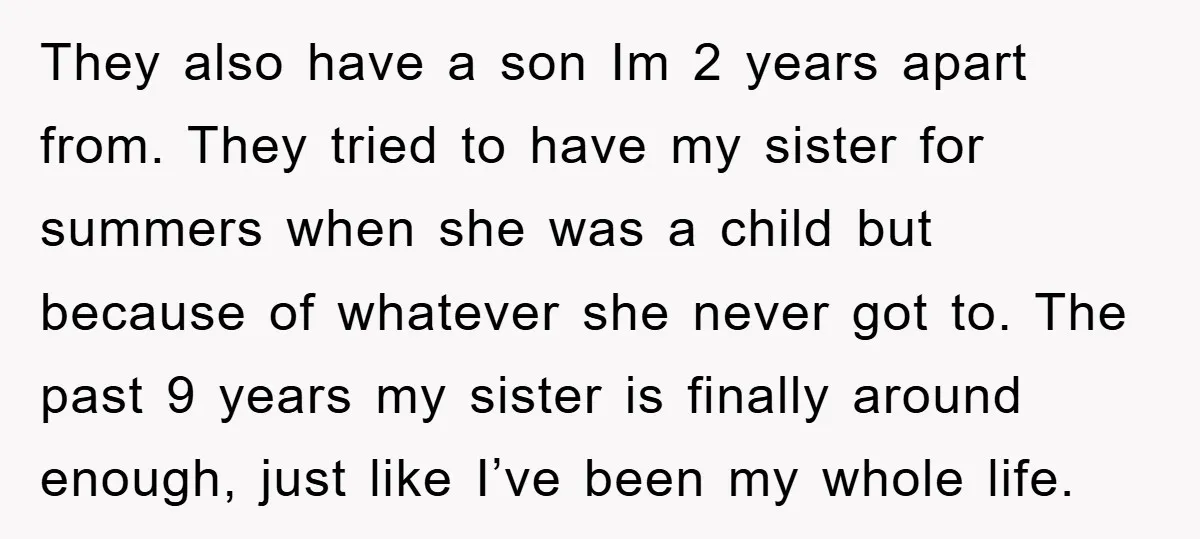 They also have a son Im 2 years apart from. They tried to have my sister for summers when she was a child but because of whatever she never got...