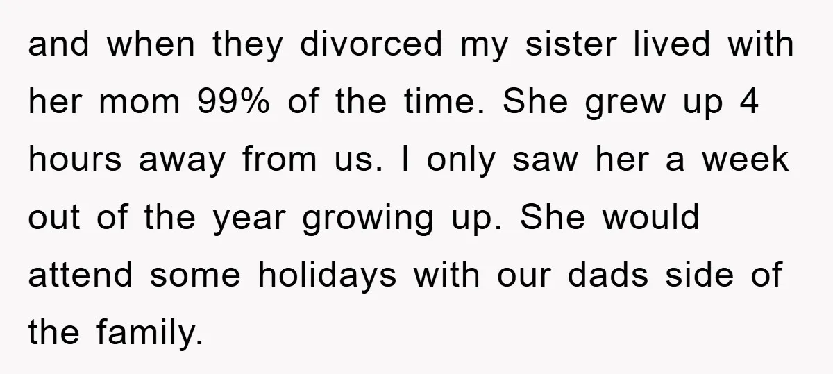 and when they divorced my sister lived with her mom 99% of the time. She grew up 4 hours away from us. I only saw her a week out of...
