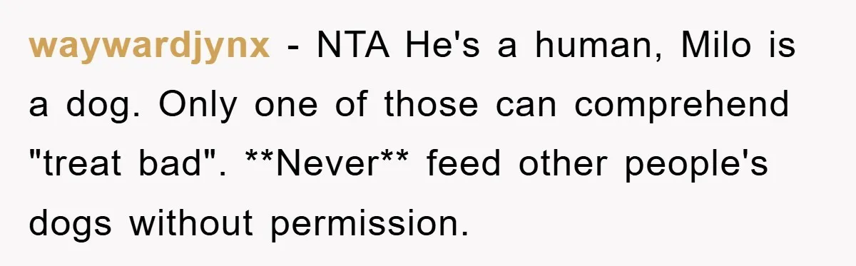 waywardjynx − NTA He's a human, Milo is a dog. Only one of those can comprehend "treat bad". **Never** feed other people's dogs without permission.