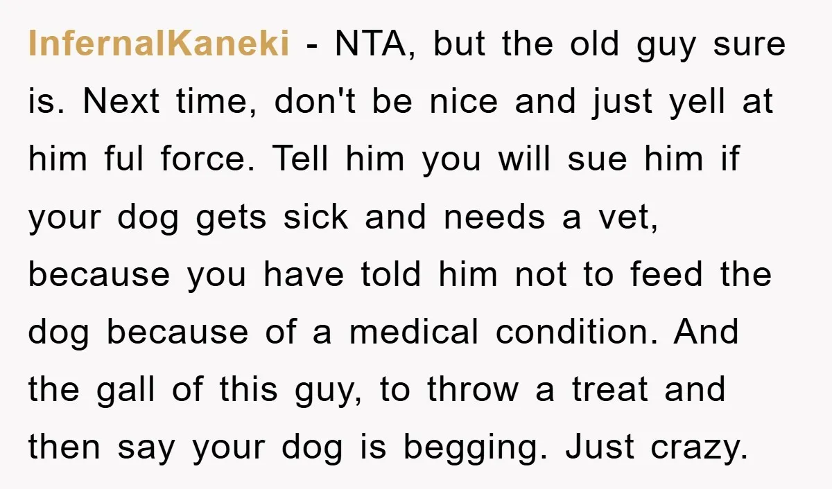 InfernalKaneki − NTA, but the old guy sure is. Next time, don't be nice and just yell at him ful force. Tell him you will sue him if your dog...