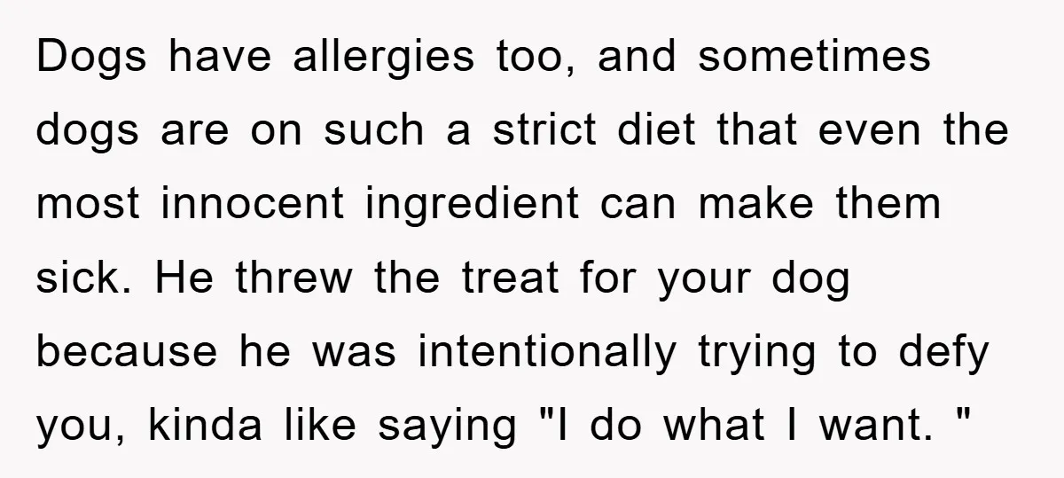 Dogs have allergies too, and sometimes dogs are on such a strict diet that even the most innocent ingredient can make them sick. He threw the treat for your dog...