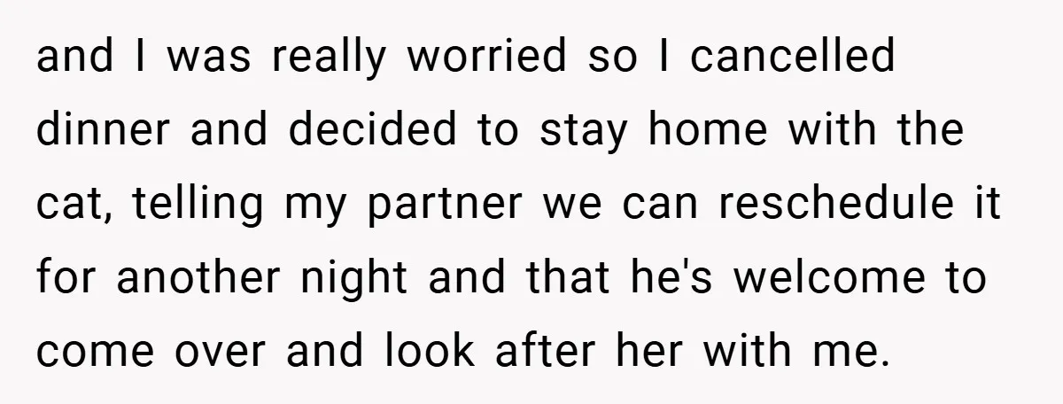 and I was really worried so I cancelled dinner and decided to stay home with the cat, telling my partner we can reschedule it for another night and that he's...