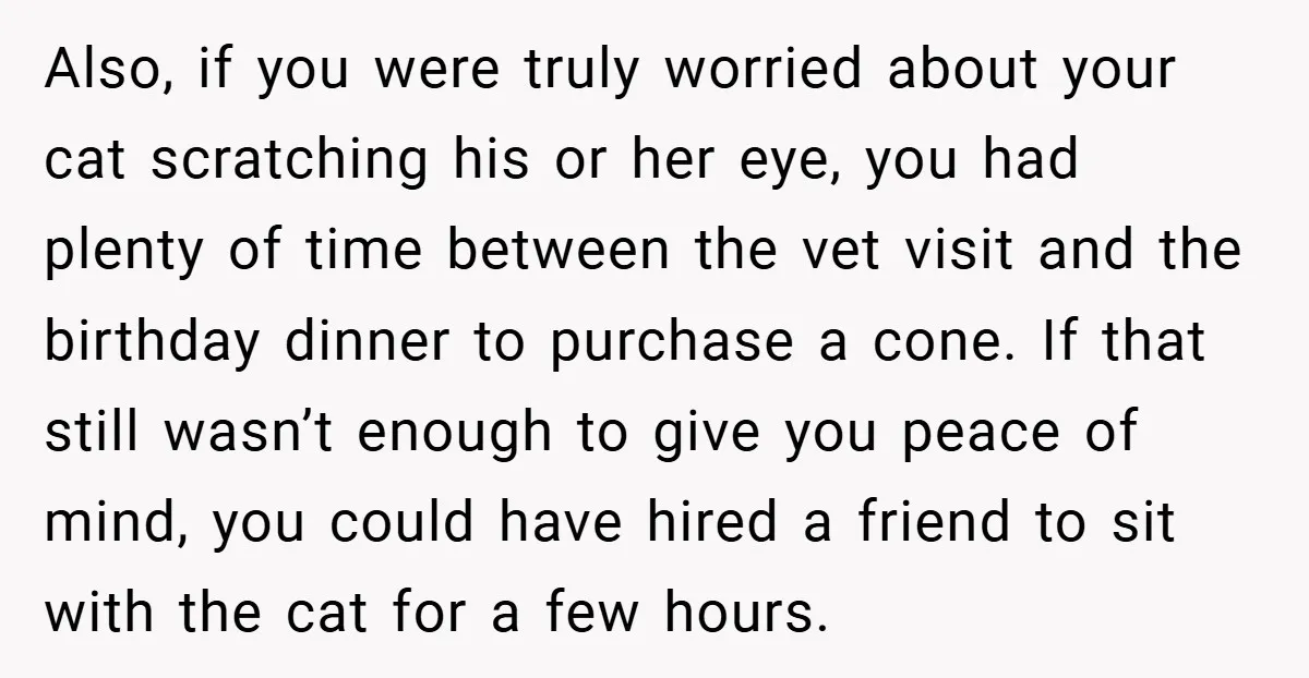 Also, if you were truly worried about your cat scratching his or her eye, you had plenty of time between the vet visit and the birthday dinner to purchase a...