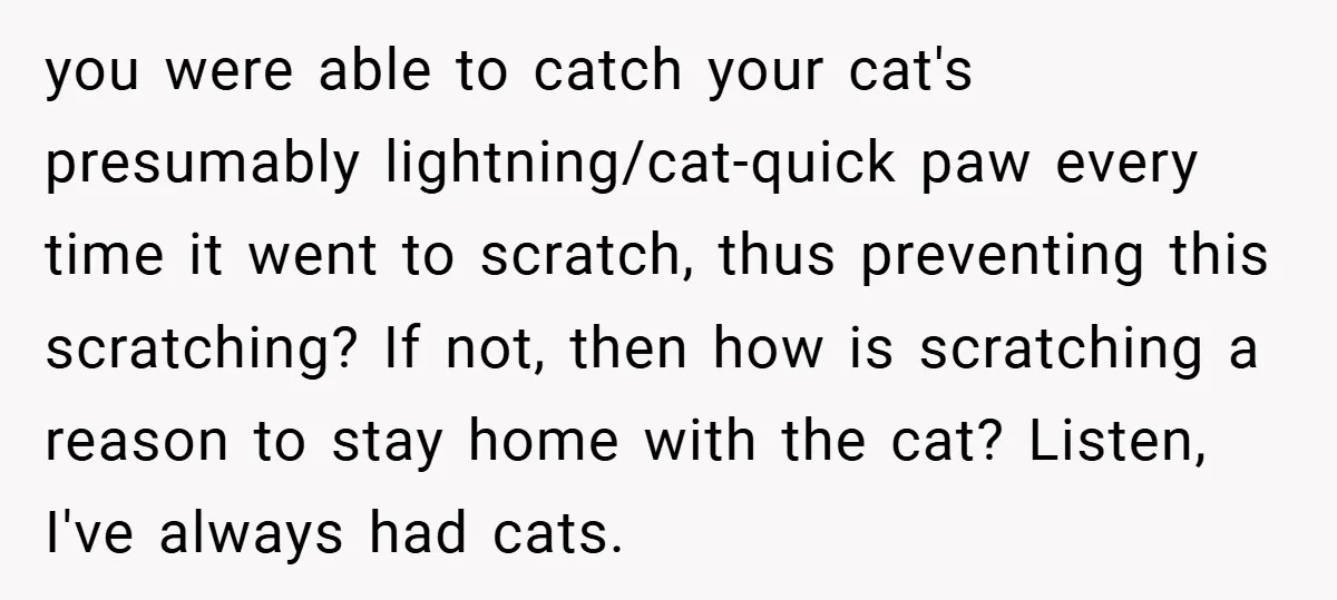 you were able to catch your cat's presumably lightning/cat-quick paw every time it went to scratch, thus preventing this scratching? If not, then how is scratching a reason to stay...