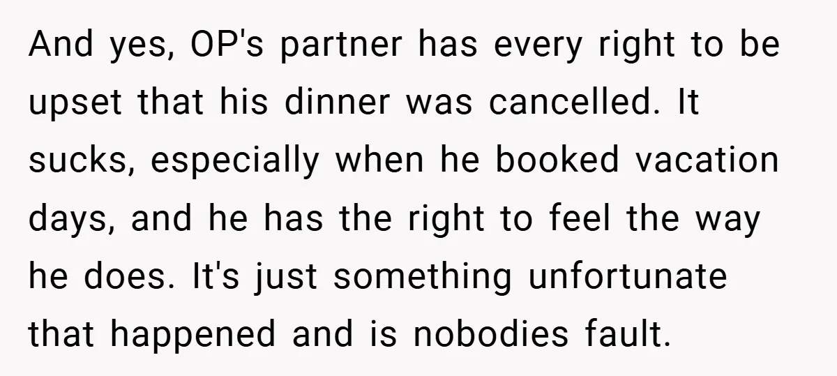And yes, OP's partner has every right to be upset that his dinner was cancelled. It sucks, especially when he booked vacation days, and he has the right to feel...